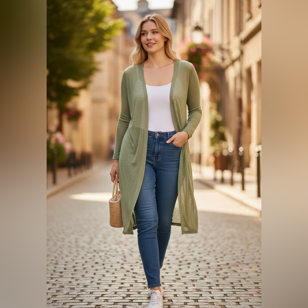 Zen Bohemian Grace In Green Longline Lightweight Duster Sweater 1X-2X